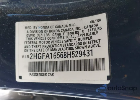 2008 Honda Civic Lx z USA, uszkodzony, nr VIN 2HGFA16568H529431